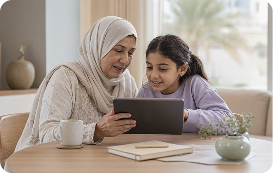 A parent and child looking at a tablet together
