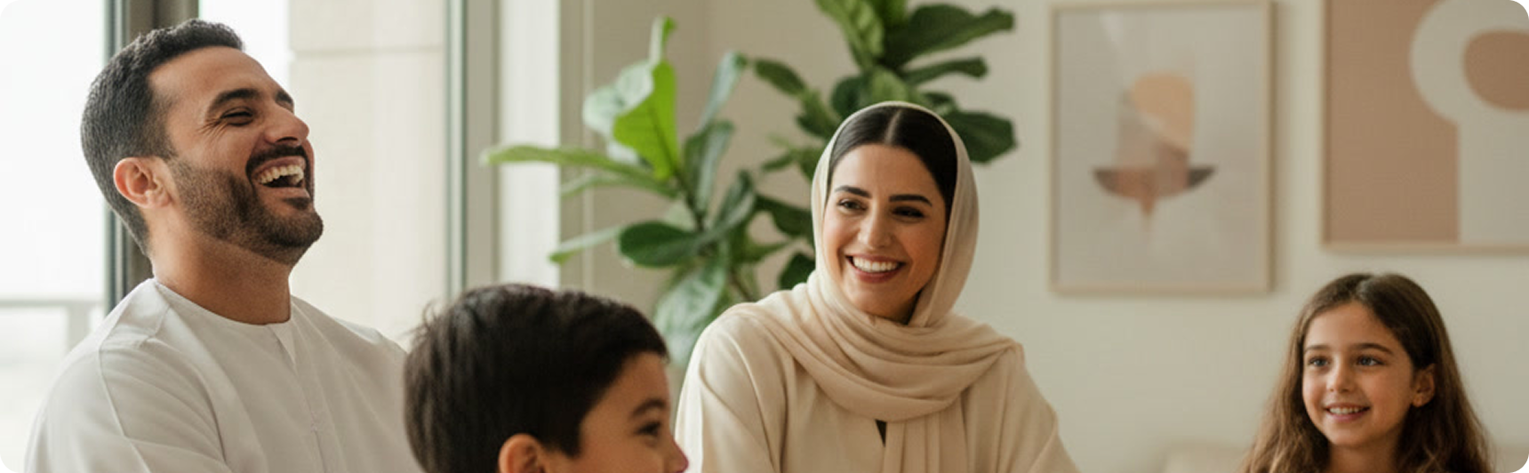 A family talking and laughing together at home